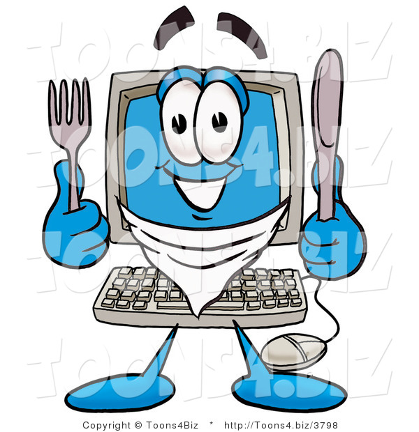 Illustration of a Cartoon Computer Mascot Holding a Knife and Fork