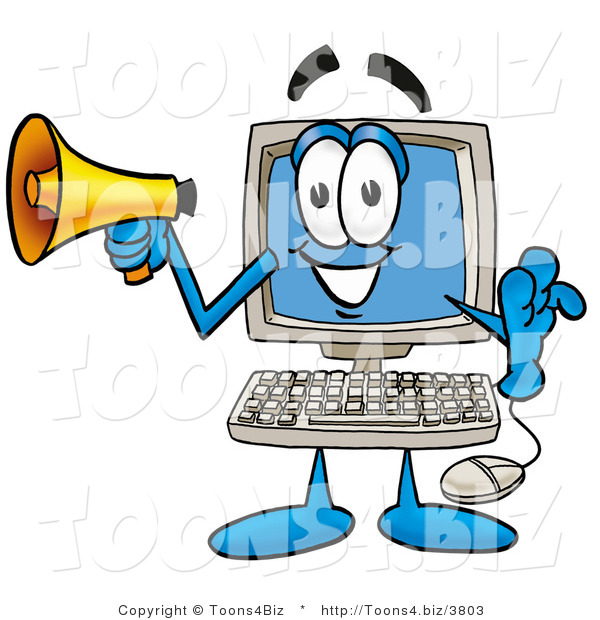 Illustration of a Cartoon Computer Mascot Holding a Megaphone