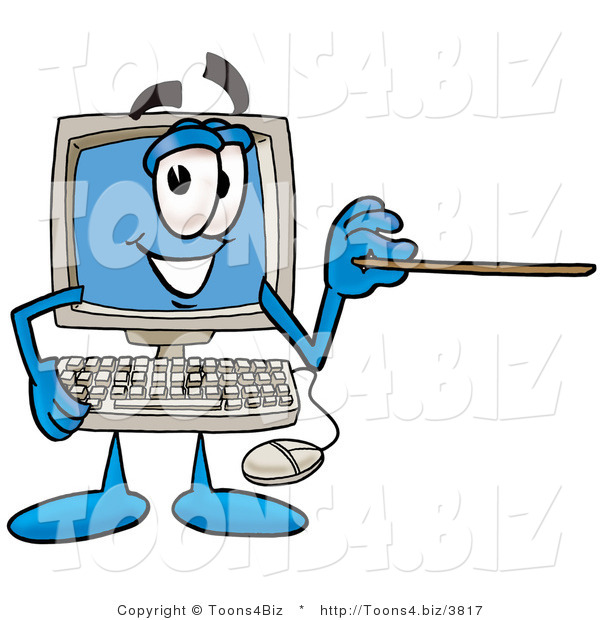 Illustration of a Cartoon Computer Mascot Holding a Pointer Stick