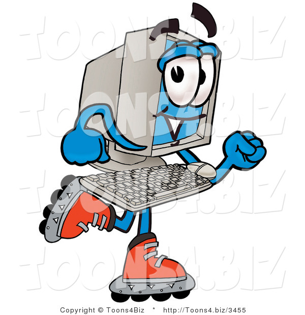 Illustration of a Cartoon Computer Mascot Roller Blading on Inline Skates