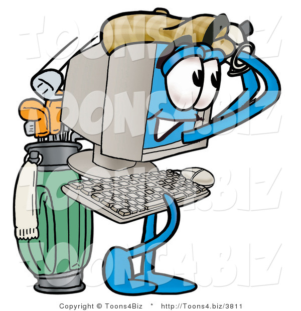 Illustration of a Cartoon Computer Mascot Swinging His Golf Club While Golfing