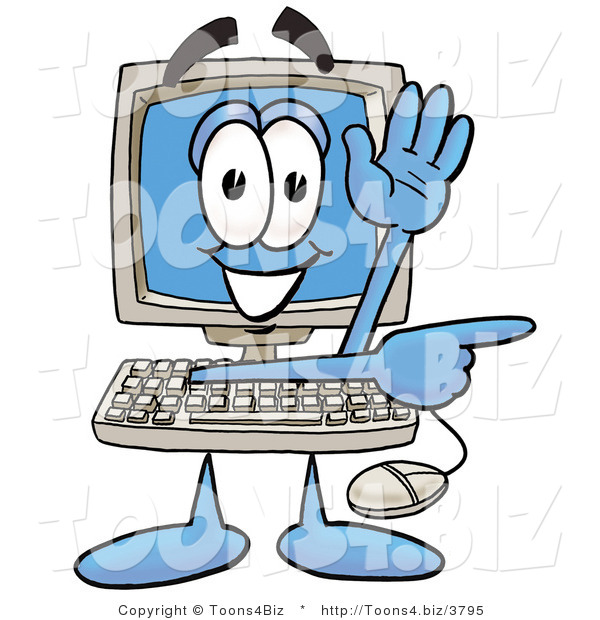 Illustration of a Cartoon Computer Mascot Waving and Pointing