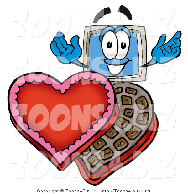 Illustration of a Cartoon Computer Mascot with an Open Box of Valentines Day Chocolate Candies