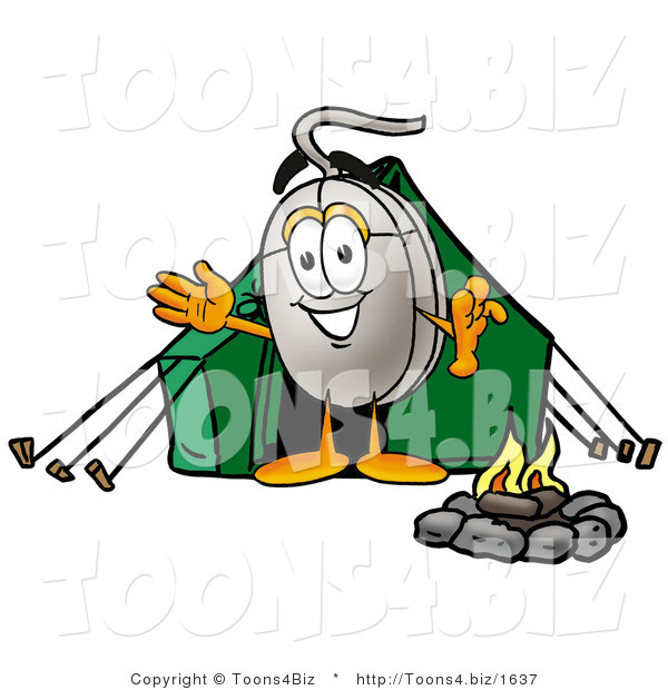 Illustration of a Cartoon Computer Mouse Mascot Camping with a Tent and Fire