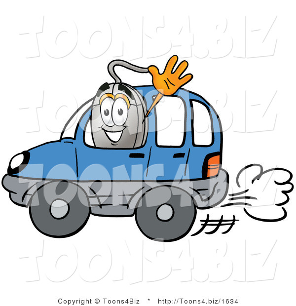 Illustration of a Cartoon Computer Mouse Mascot Driving a Blue Car and Waving