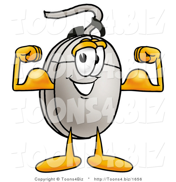 Illustration of a Cartoon Computer Mouse Mascot Flexing His Arm Muscles
