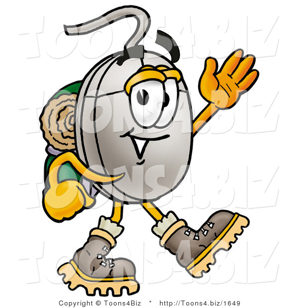 Illustration of a Cartoon Computer Mouse Mascot Hiking and Carrying a Backpack