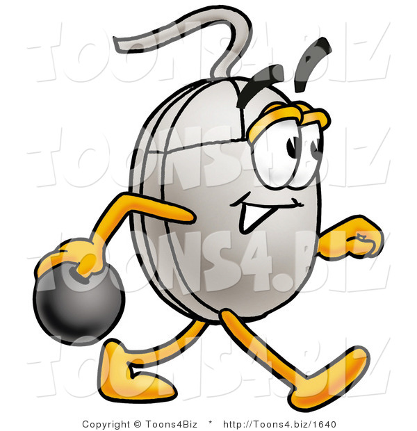 Illustration of a Cartoon Computer Mouse Mascot Holding a Bowling Ball