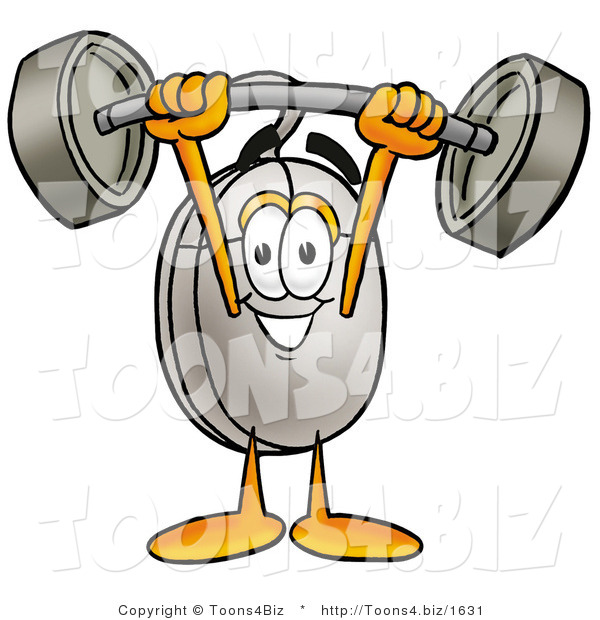 Illustration of a Cartoon Computer Mouse Mascot Holding a Heavy Barbell Above His Head