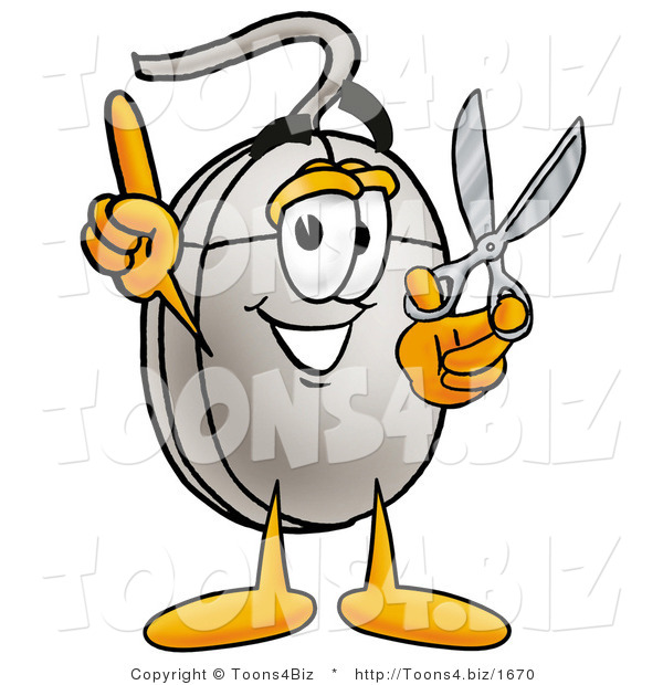 Illustration of a Cartoon Computer Mouse Mascot Holding a Pair of Scissors