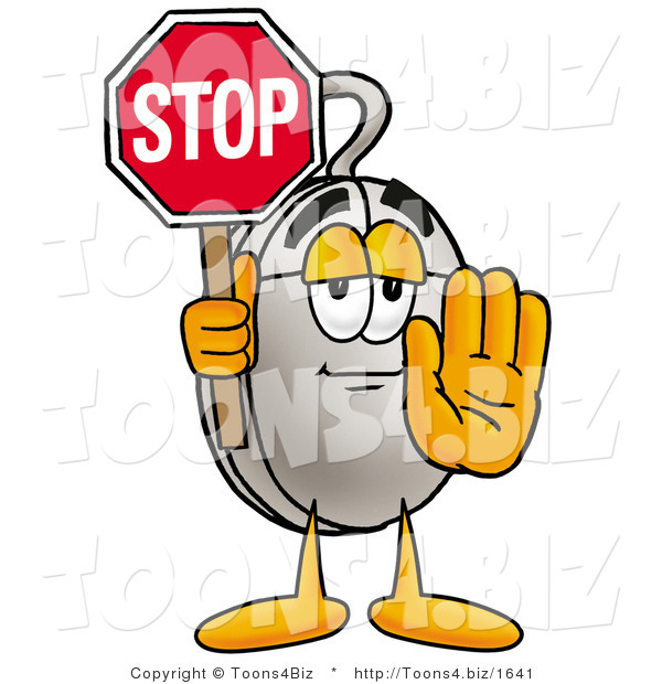 Illustration of a Cartoon Computer Mouse Mascot Holding a Stop Sign