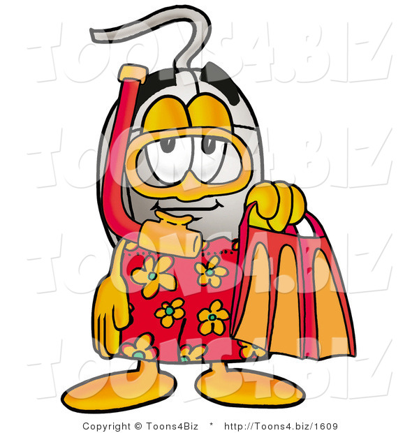 Illustration of a Cartoon Computer Mouse Mascot in Orange and Red Snorkel Gear
