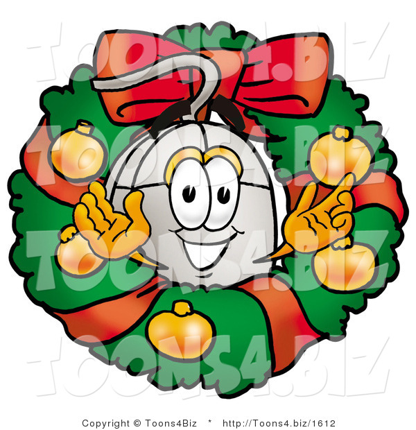 Illustration of a Cartoon Computer Mouse Mascot in the Center of a Christmas Wreath