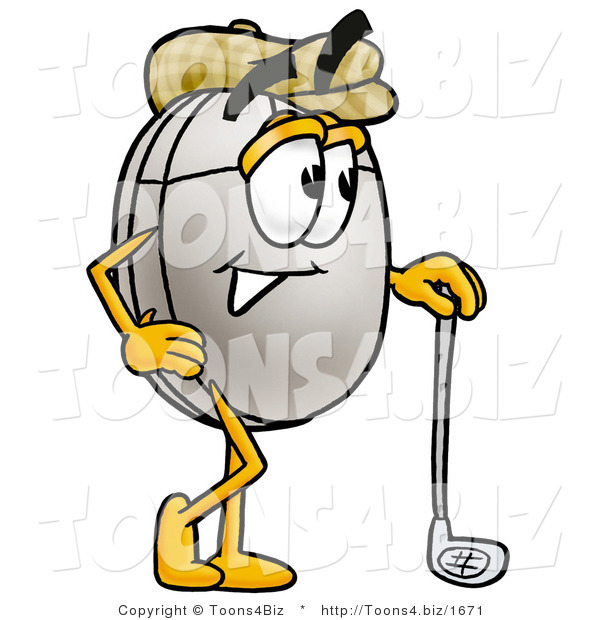 Illustration of a Cartoon Computer Mouse Mascot Leaning on a Golf Club While Golfing