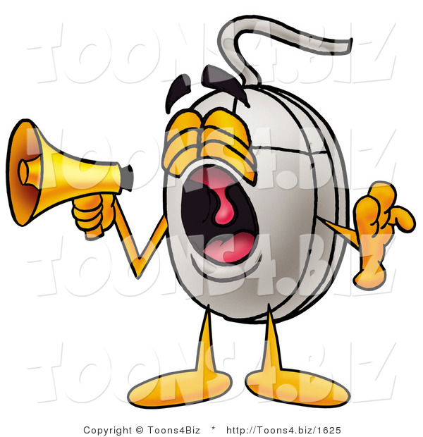 Illustration of a Cartoon Computer Mouse Mascot Screaming into a Megaphone