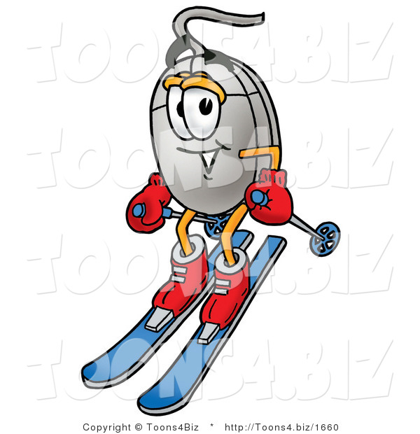 Illustration of a Cartoon Computer Mouse Mascot Skiing Downhill