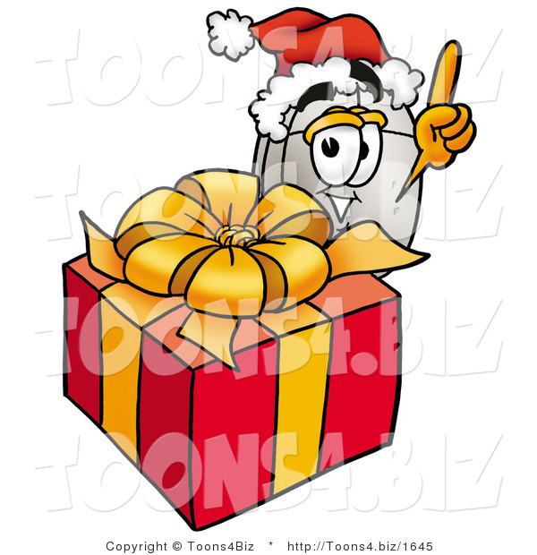 Illustration of a Cartoon Computer Mouse Mascot Standing by a Christmas Present