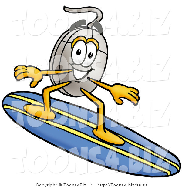 Illustration of a Cartoon Computer Mouse Mascot Surfing on a Blue and Yellow Surfboard