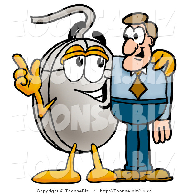 Illustration of a Cartoon Computer Mouse Mascot Talking to a Business Man