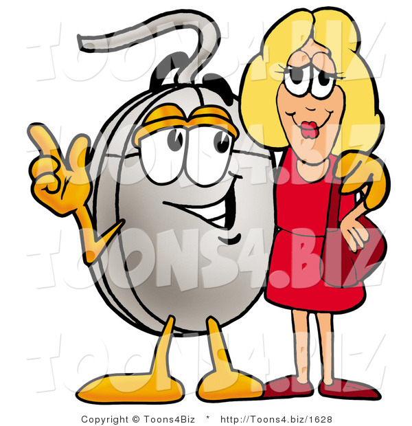 Illustration of a Cartoon Computer Mouse Mascot Talking to a Pretty Blond Woman