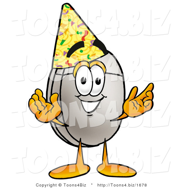 Illustration of a Cartoon Computer Mouse Mascot Wearing a Birthday Party Hat