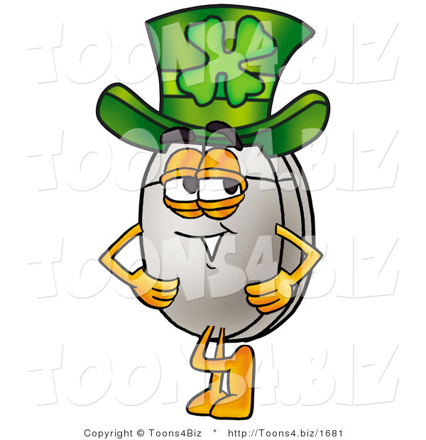 Illustration of a Cartoon Computer Mouse Mascot Wearing a Saint Patricks Day Hat with a Clover on It