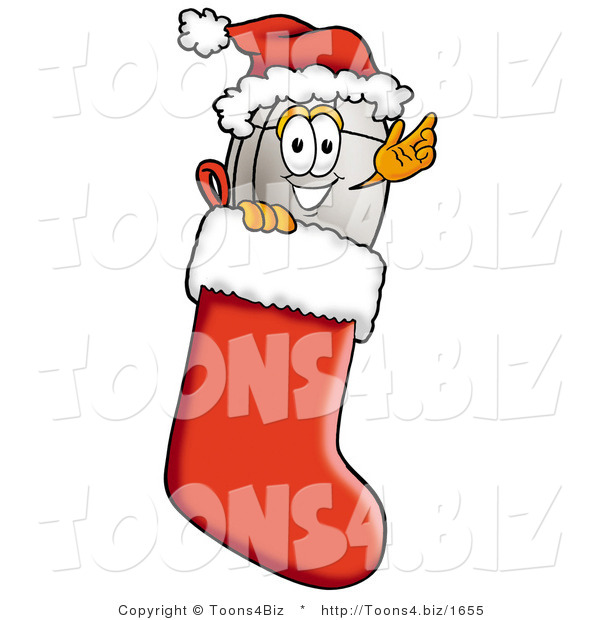 Illustration of a Cartoon Computer Mouse Mascot Wearing a Santa Hat Inside a Red Christmas Stocking