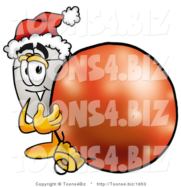 Illustration of a Cartoon Computer Mouse Mascot Wearing a Santa Hat, Standing with a Christmas Bauble