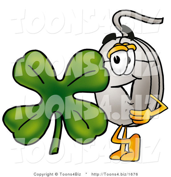 Illustration of a Cartoon Computer Mouse Mascot with a Green Four Leaf Clover on St Paddy's or St Patricks Day