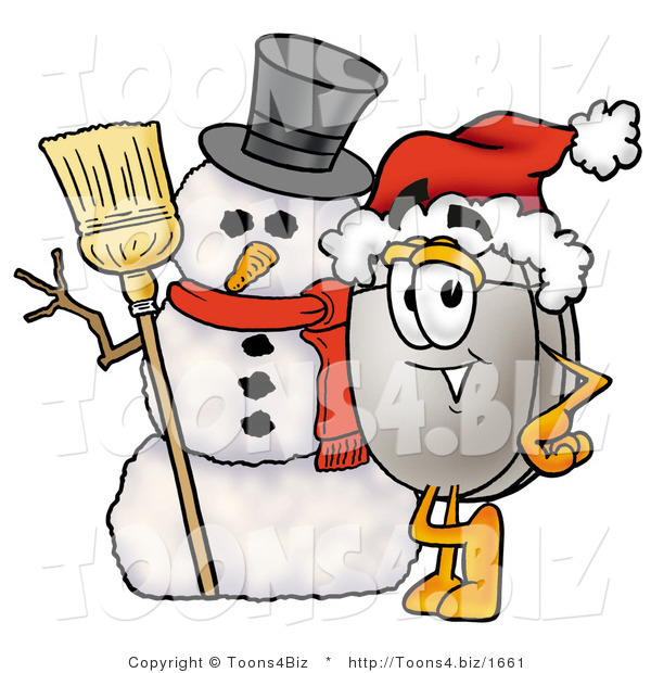 Illustration of a Cartoon Computer Mouse Mascot with a Snowman on Christmas