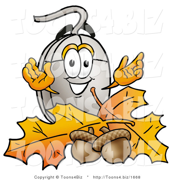 Illustration of a Cartoon Computer Mouse Mascot with Autumn Leaves and Acorns in the Fall