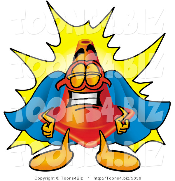 Illustration of a Cartoon Construction Safety Cone Mascot Dressed As a Super Hero