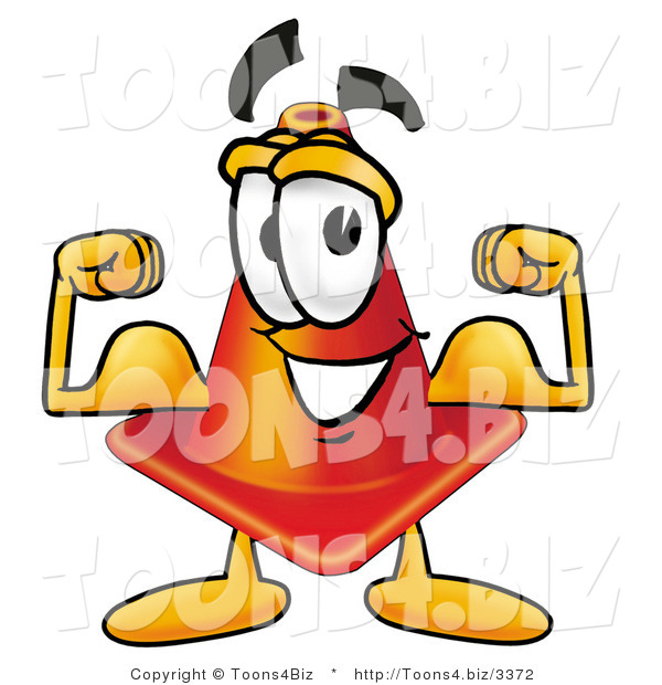 Illustration of a Cartoon Construction Safety Cone Mascot Flexing His Arm Muscles