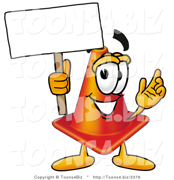 Illustration of a Cartoon Construction Safety Cone Mascot Holding a Blank Sign