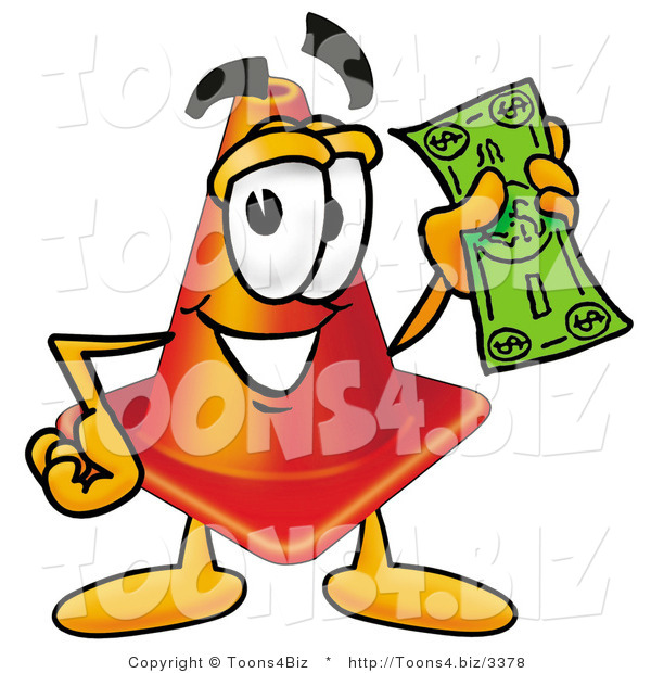 Illustration of a Cartoon Construction Safety Cone Mascot Holding a Dollar Bill