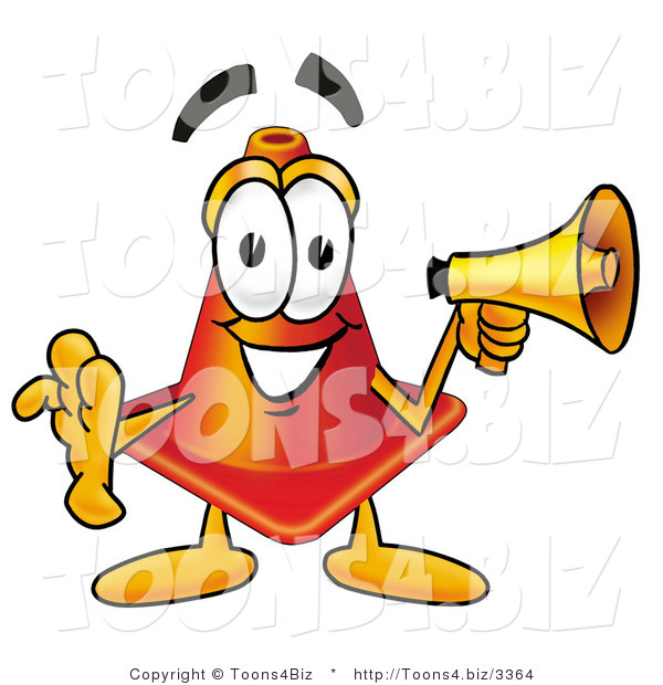 Illustration of a Cartoon Construction Safety Cone Mascot Holding a Megaphone