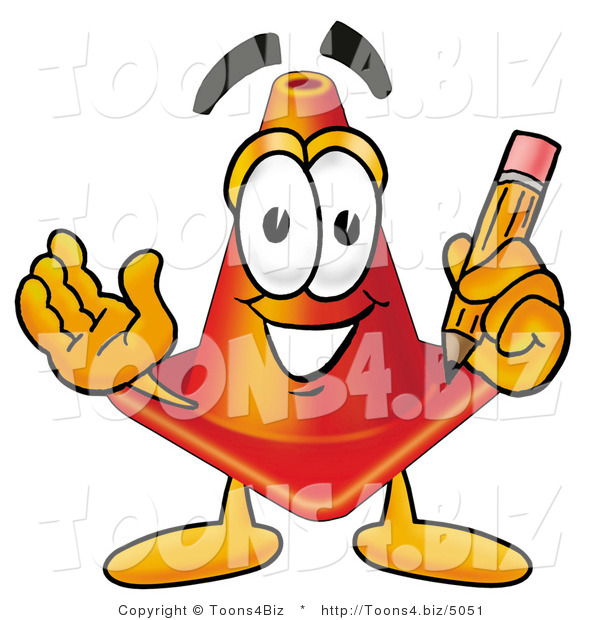 Illustration of a Cartoon Construction Safety Cone Mascot Holding a Pencil