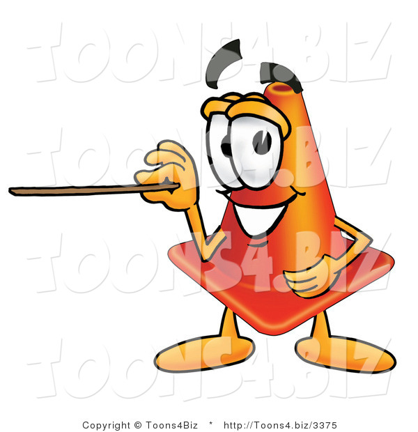 Illustration of a Cartoon Construction Safety Cone Mascot Holding a Pointer Stick