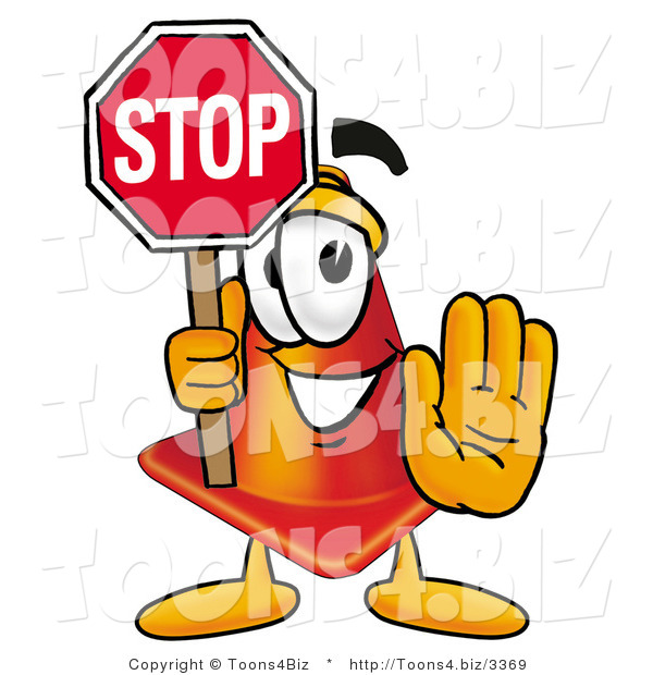 Illustration of a Cartoon Construction Safety Cone Mascot Holding a Stop Sign