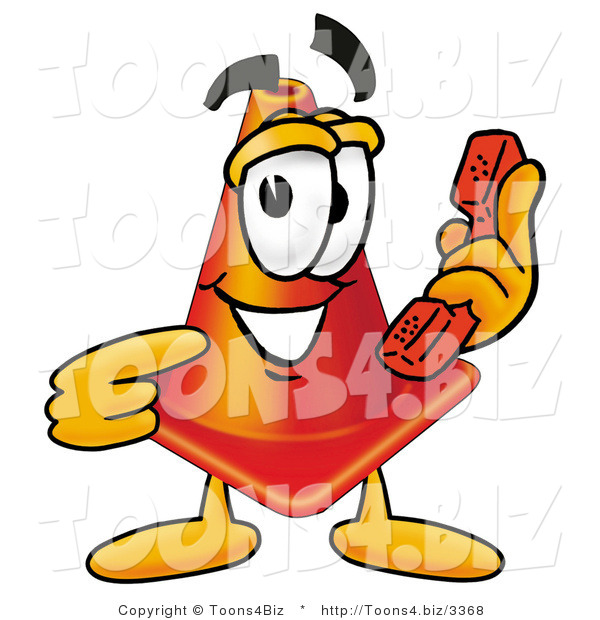 Illustration of a Cartoon Construction Safety Cone Mascot Holding a Telephone