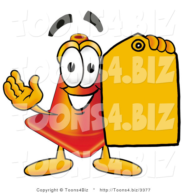 Illustration of a Cartoon Construction Safety Cone Mascot Holding a Yellow Sales Price Tag