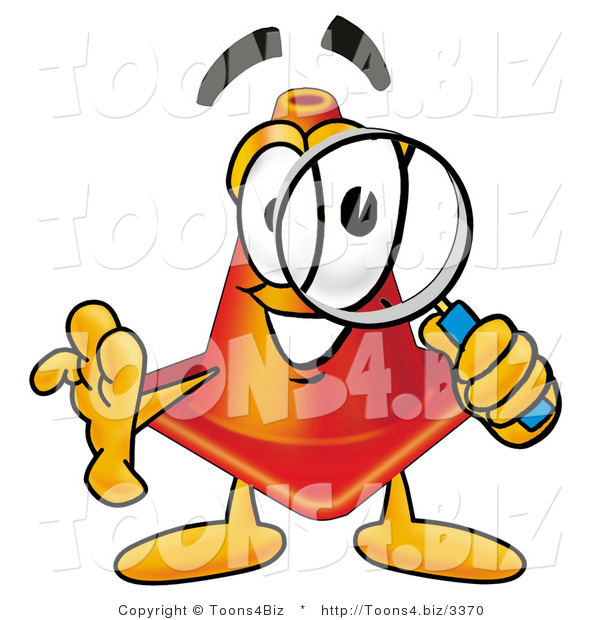 Illustration of a Cartoon Construction Safety Cone Mascot Looking Through a Magnifying Glass