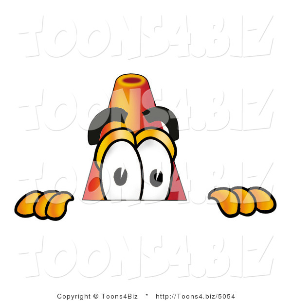 Illustration of a Cartoon Construction Safety Cone Mascot Peeking over a Surface