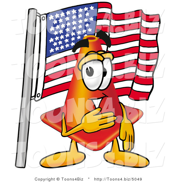 Illustration of a Cartoon Construction Safety Cone Mascot Pledging Allegiance to an American Flag