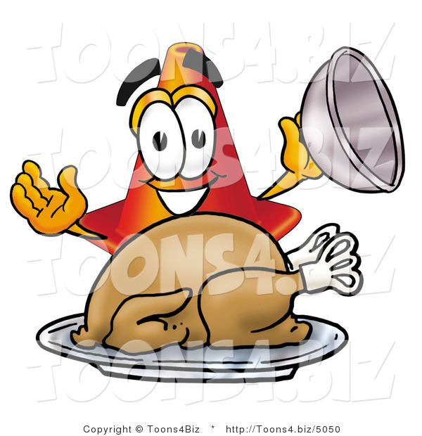 Illustration of a Cartoon Construction Safety Cone Mascot Serving a Thanksgiving Turkey on a Platter