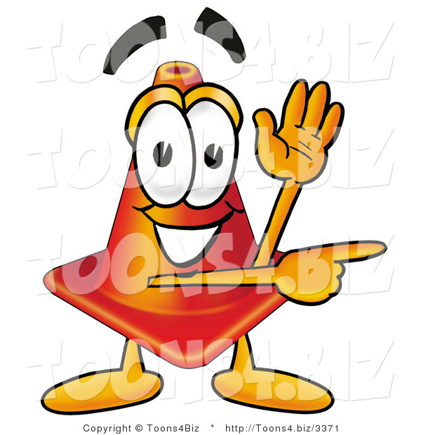 Illustration of a Cartoon Construction Safety Cone Mascot Waving and Pointing