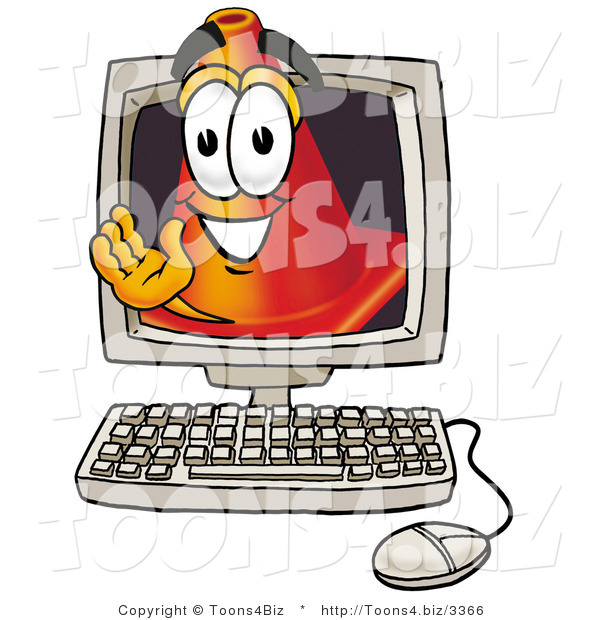 Illustration of a Cartoon Construction Safety Cone Mascot Waving from Inside a Computer Screen