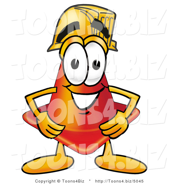 Illustration of a Cartoon Construction Safety Cone Mascot Wearing a Hardhat Helmet