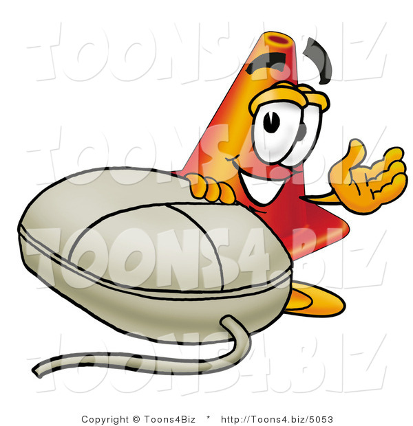 Illustration of a Cartoon Construction Safety Cone Mascot with a Computer Mouse