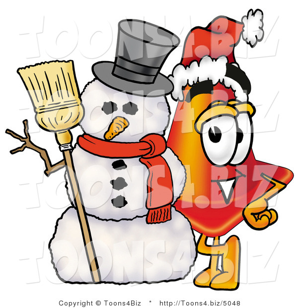 Illustration of a Cartoon Construction Safety Cone Mascot with a Snowman on Christmas